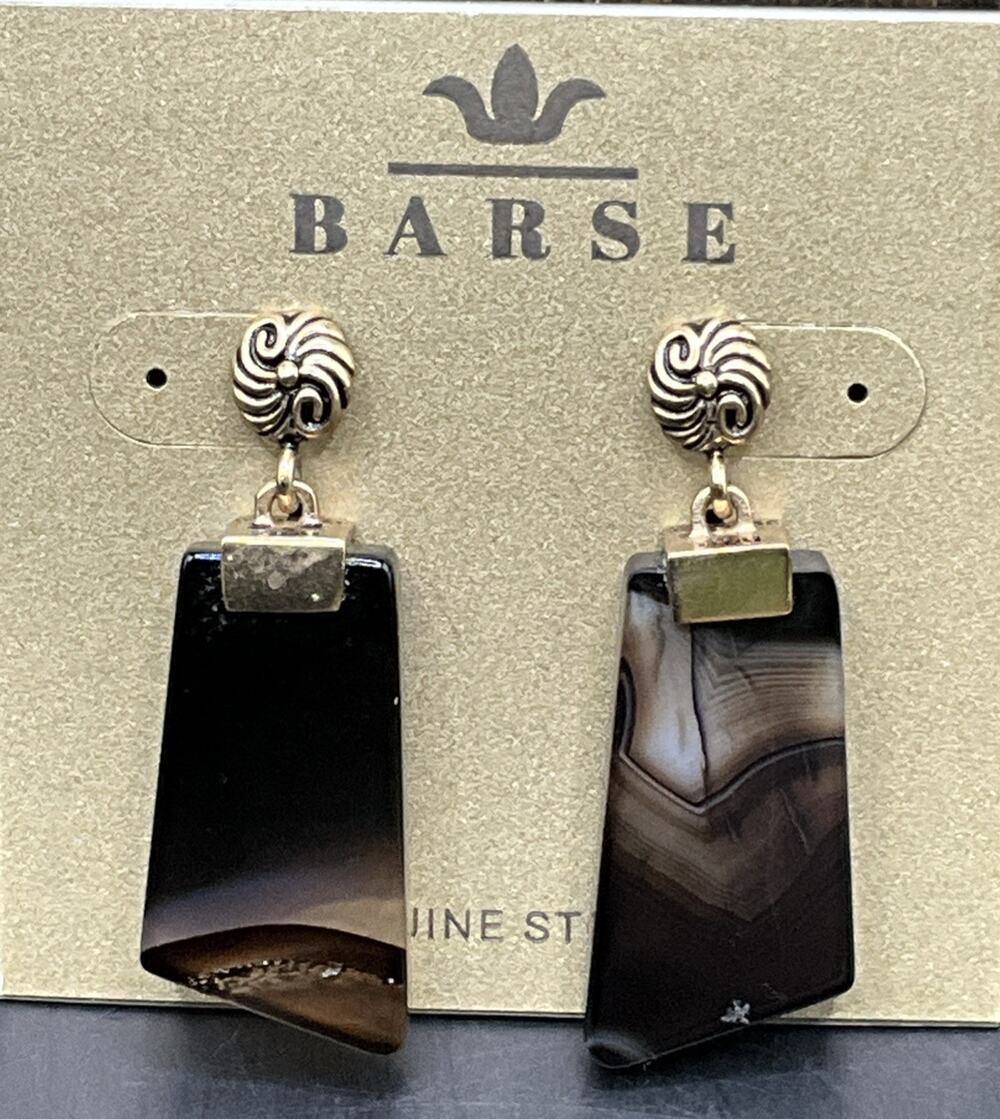 Barse Black Agate Swirl Top Earrings- Bronze- NWT